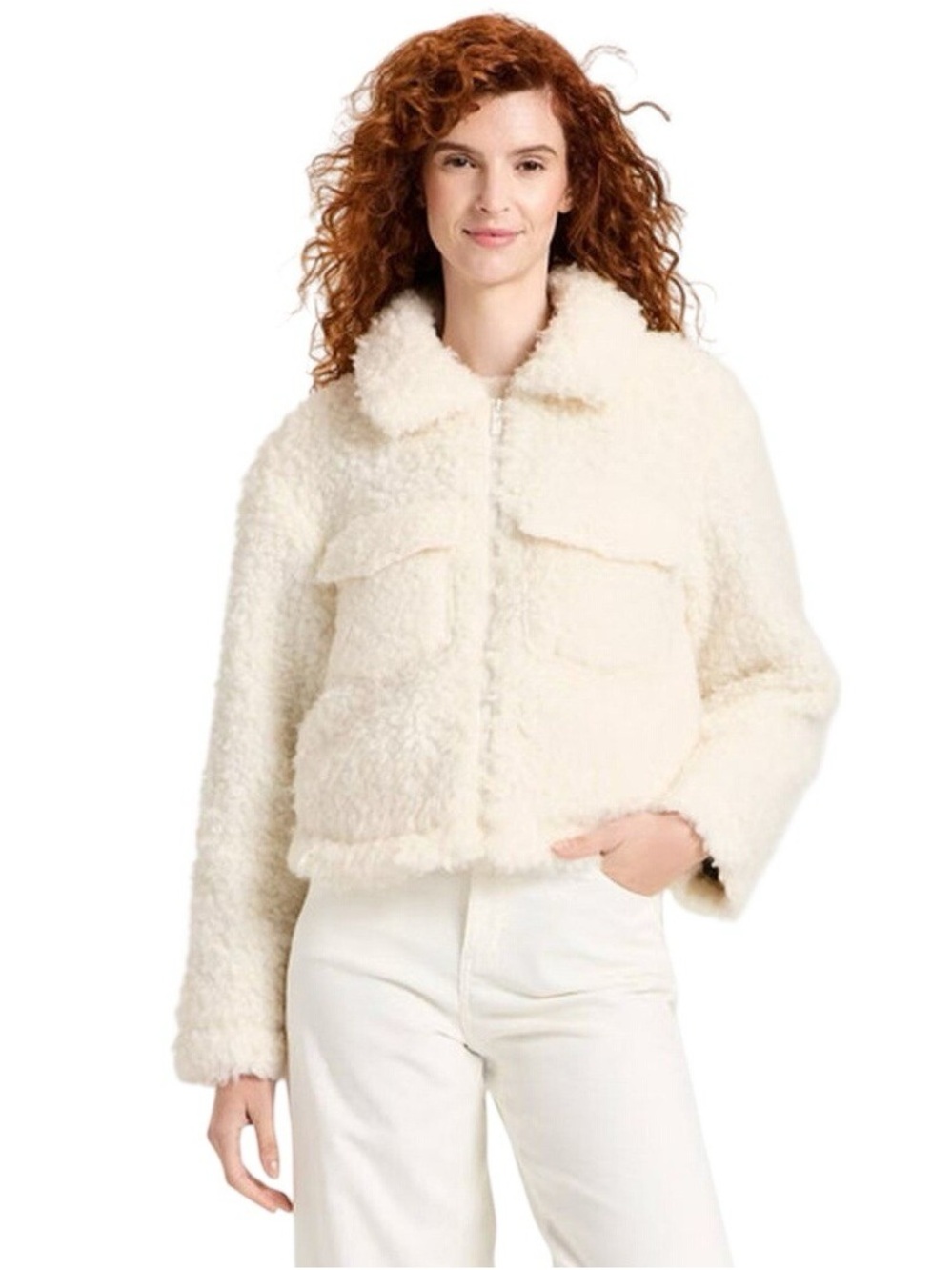 Universal Thread Women's Cream Faux Fur Sherpa Zip Up Trucker Jacket, Sz XS, NWT